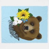 Couverture Polaire Ours Brun Fleurs Bleues Plume Faune (Devant (Horizontal))