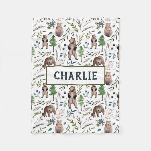 Couverture Polaire Ours, feuilles et arbres Blanche personnalisée (Devant)