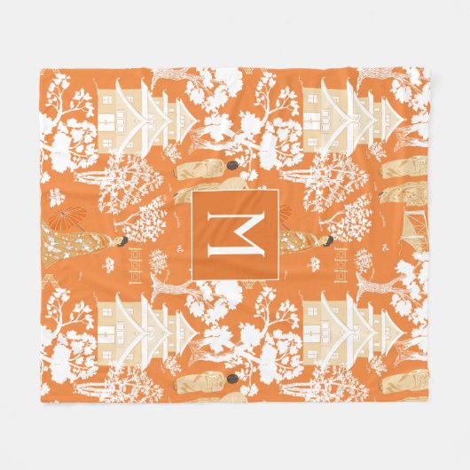 Couverture Polaire Pagode de la Chinoiserie orange Monogramme (Devant (Horizontal))