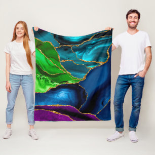 Couverture Polaire Paillettes de fausse agate paon bleu, violet et ve