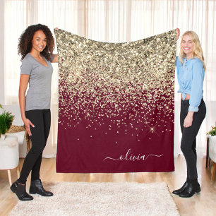 Couverture Polaire Paillettes dorées et burgundy, monogramme féminin