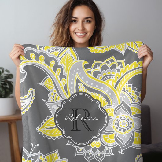 Couverture Polaire Paisley gris et jaune Boho Paisley Monogramme