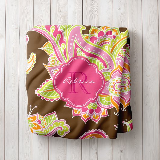 Couverture Polaire Paisley rose et Brown Boho Monogramme