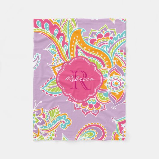 Couverture Polaire Paisley rose et Lilac Boho Monogramme (Devant)