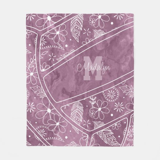 Couverture Polaire paislies plumes fleurs prune motif volleyball (Devant)