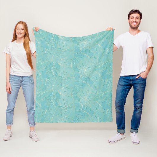 Couverture Polaire Palme tropicale bleu clair motif feuille (En situation)
