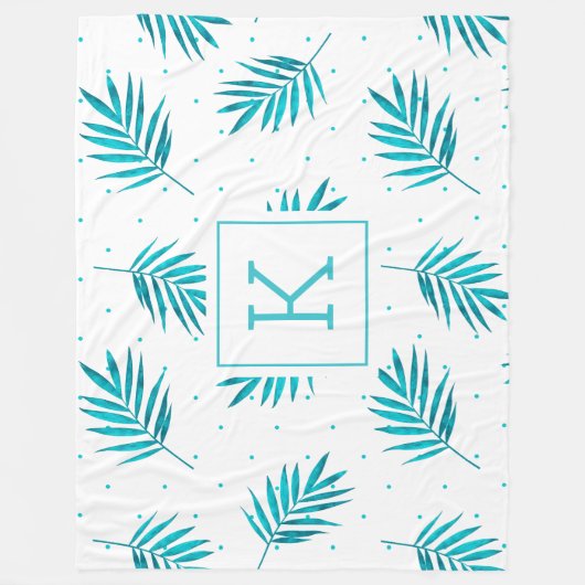 Couverture Polaire Palmier tropical feuille motif blanc et bleu-vert (Devant)