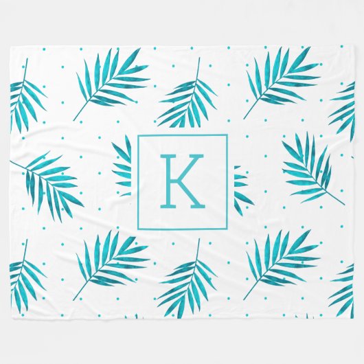 Couverture Polaire Palmier tropical feuille motif blanc et bleu-vert (Devant (Horizontal))