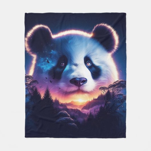 Couverture Polaire Panda Face avec Forêt Surréelle et coucher de sole (Devant)