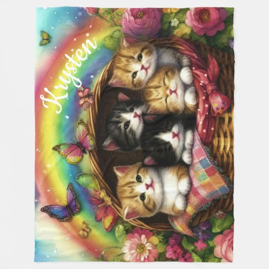 Couverture Polaire Panier Kittens Arc-en-ciel Rose papillons Nom (Devant)