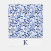 Couverture Polaire Papier bleu à motif d'oiseau à monogramme (Devant)