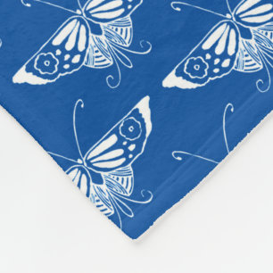 Couverture Polaire Papillon Art Déco stylisé, bleu cobalt et blanc