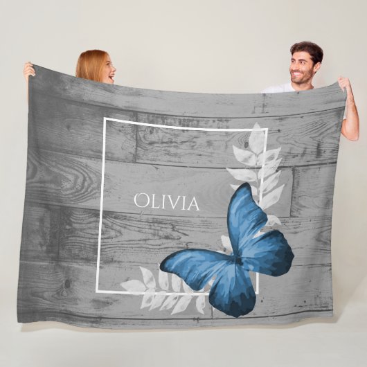 Couverture Polaire Papillon bleu Rustique Personnalisée Blanche Toiso (En situation)