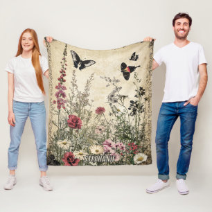 Couverture Polaire Papillon de prairie de fleurs sauvages sépia antiq