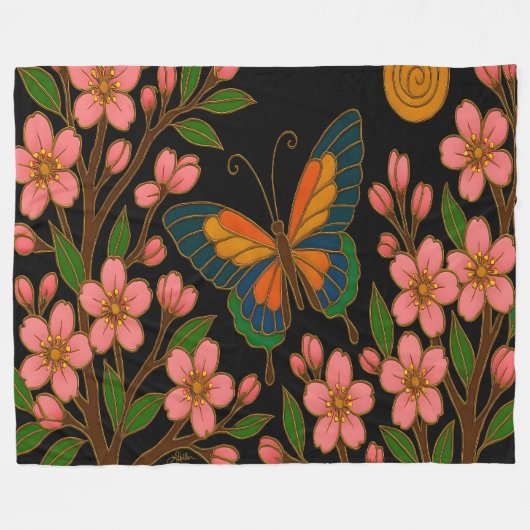 Couverture Polaire Papillon Fleur de Cerisier Lune (Devant (Horizontal))