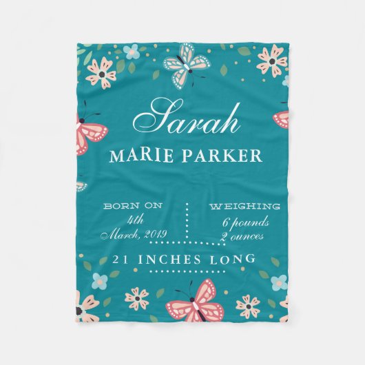 Couverture Polaire Papillon Jardin Bébé Statistiques de naissance Toi (Devant)