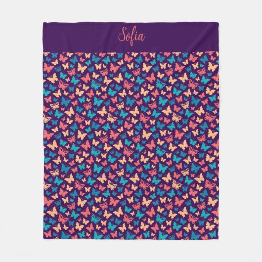 Couverture Polaire Papillon motif simple turquoise violet nom (Devant)
