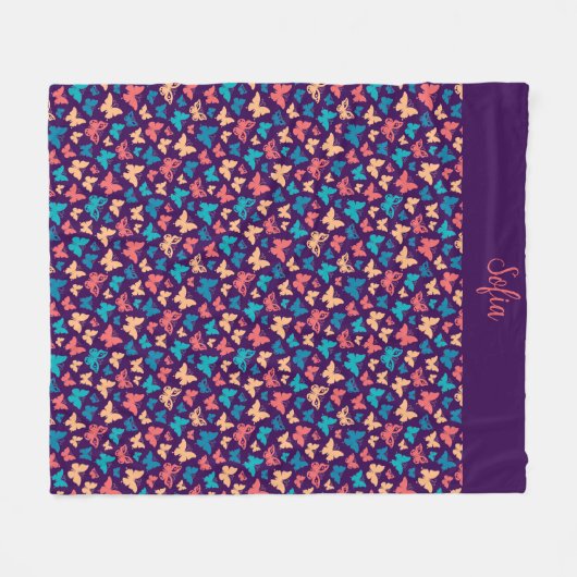 Couverture Polaire Papillon motif simple turquoise violet nom (Devant (Horizontal))