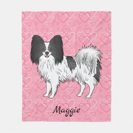 Couverture Polaire Papillon noir et blanc mignon chien sur coeur rose (Devant)