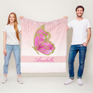 Couverture Polaire Papillon rose pailleté personnalisé goutte à goutt