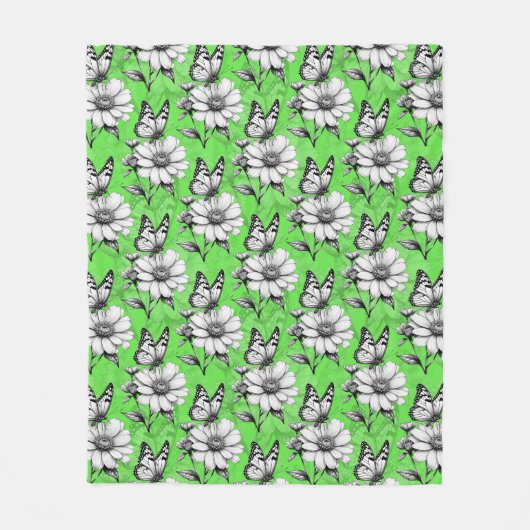 Couverture Polaire Papillon sur Motif de fleurs Design vert (Devant)