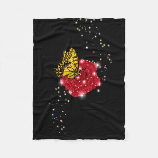 Couverture Polaire Papillon sur rose rouge avec étoiles et gouttes de (Devant)