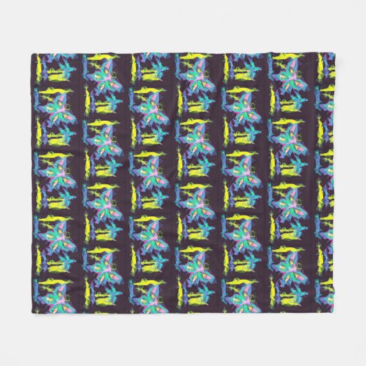 Couverture Polaire Papillons cubes et fleurs Blanche en polaire (Devant (Horizontal))