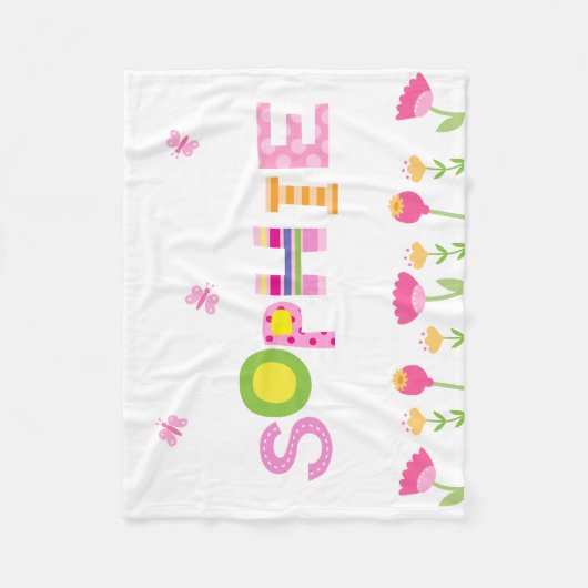 Couverture Polaire Papillons roses faits sur commande, fleurs le nom (Devant)