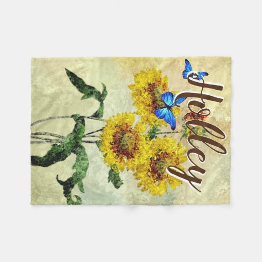 Couverture Polaire Papillons Tournesols Aquarelle Personnalisée (Devant (Horizontal))