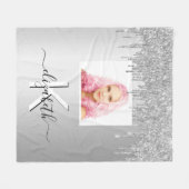 Couverture Polaire Parties scintillant argent goutte photo monogramme (Devant (Horizontal))