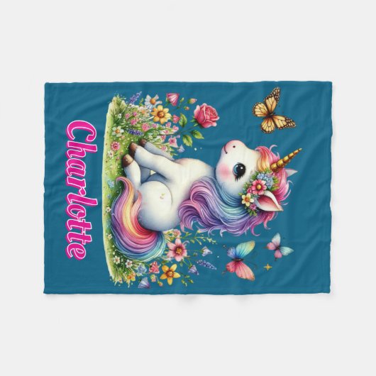 Couverture Polaire Parties scintillant bleue unicorne fleurs sauvages (Devant (Horizontal))