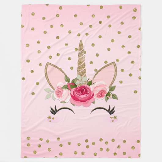 Couverture Polaire Parties scintillant d'or et Unicorne florale rose (Devant)