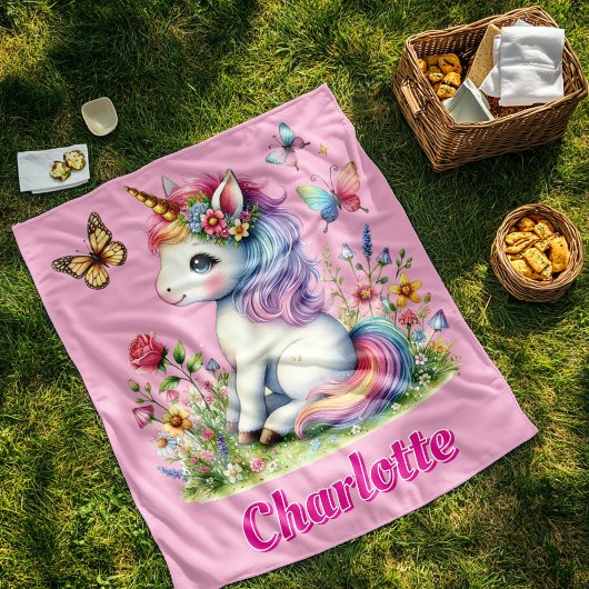 Couverture Polaire Parties scintillant rose licorne fleurs sauvages d