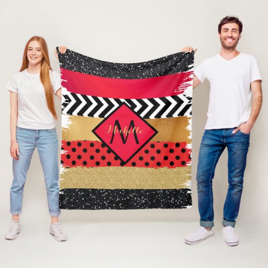 Couverture Polaire Parties scintillant rouge Noir Brush Stroke Monogr (En situation)