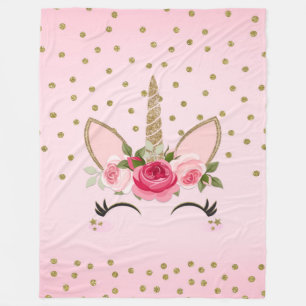 Couverture Polaire Parties scintillantes d'or et licorne florale rose