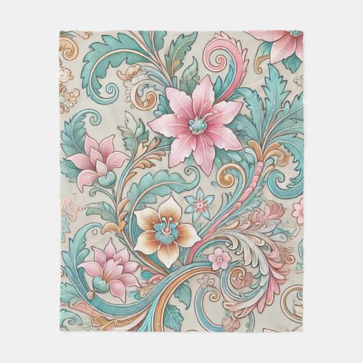 Couverture Polaire Pastel Rose Turquoise Boho Batik Aquarelle Florale (Devant)