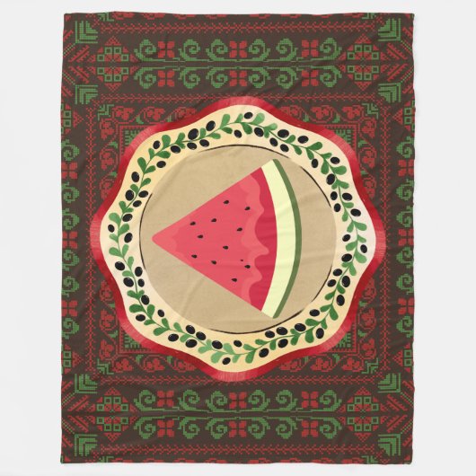 Couverture Polaire pastèque sur plaque d'olive avec tatreez palestini (Devant)