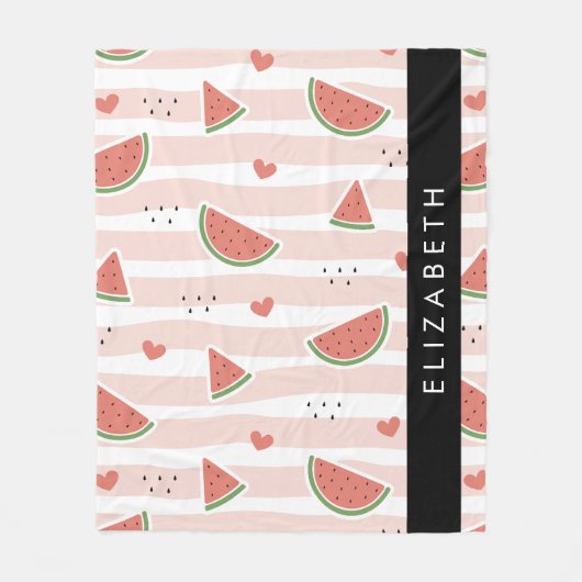 Couverture Polaire Pastèques Rouges, Coeurs, Bandes, Votre Nom (Devant)