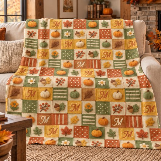 Couverture Polaire Patchwork Automnal de Citrouille Monogramme Rustiq