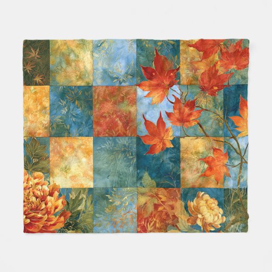 Couverture Polaire Patchwork Botanique de Feuille d'Érable d'Automne (Devant (Horizontal))