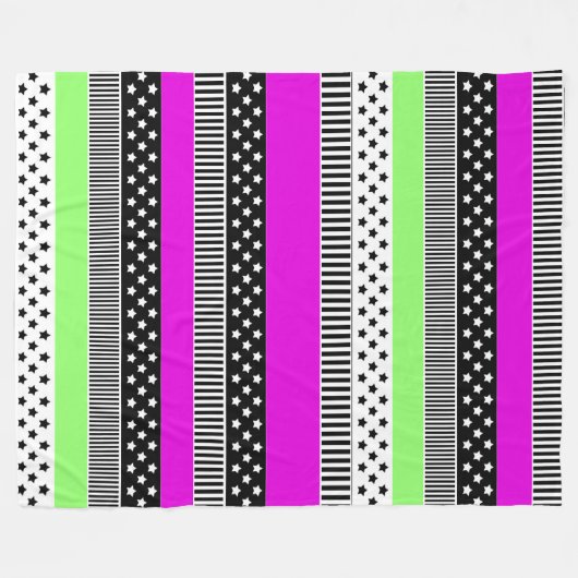 Couverture Polaire Patchwork de rayures noir et blanc et néon (Devant (Horizontal))