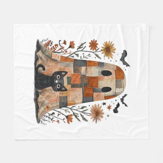 Couverture Polaire Patchwork Halloween Fantôme et chat, Retro Éffraya (Devant (Horizontal))