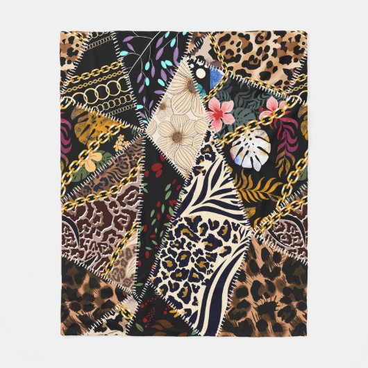 Couverture Polaire Patchwork Leopard : Ethnic Lining Design. (Devant)