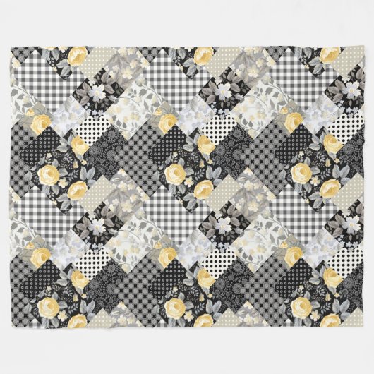 Couverture Polaire Patchwork Motif avec rayures et roses jaunes (Devant (Horizontal))