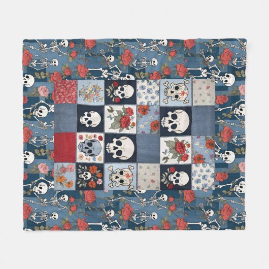 Couverture Polaire Patchwork Retro Denim avec Skulls Rose Skeletons (Devant (Horizontal))