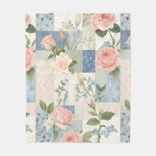 Couverture Polaire Patchwork Rose Et Bleu Fleur Doux Et Délicat (Devant)