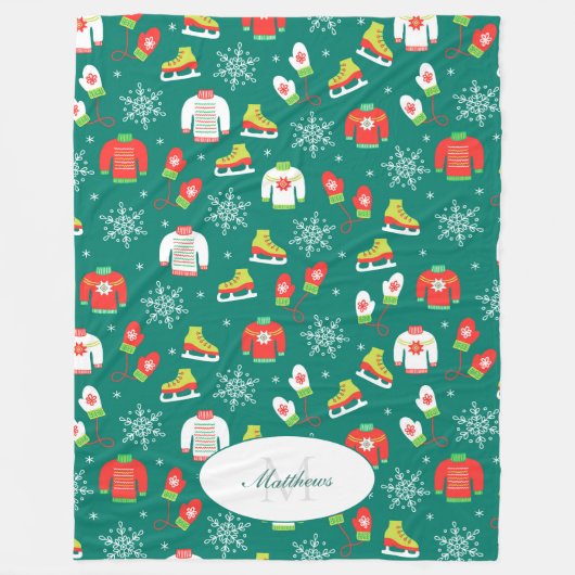 Couverture Polaire Patins à glace et flocons de neige Motif Monogramm (Devant)