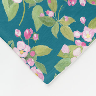 Couverture Polaire Patte florale rose fleur pomme sur bleu foncé