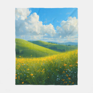 Couverture Polaire Paysage de collines vertes vibrantes et de fleurs