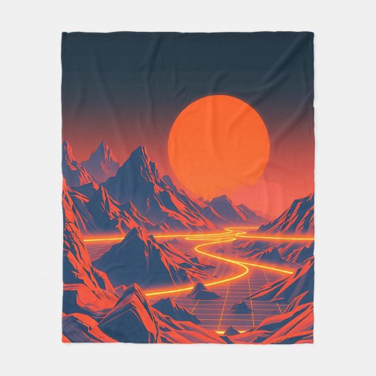 Couverture Polaire Paysage Synthwave avec Montagnes Neon (Devant)